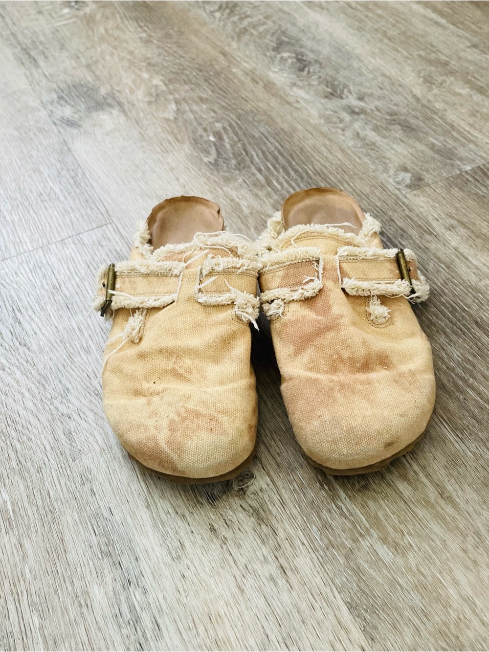 Frayed Canvas Slip-On Clogs in Beige